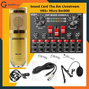 Trọn bộ micro thu âm BM900 cùng sound card âm thanh V8S+ tặng kèm giá đỡ micro và màng lọc âm